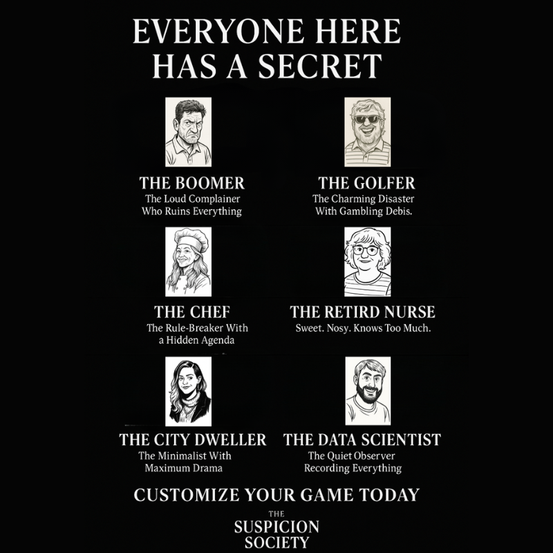 The Suspicion Society Semi-Custom Mystery Dinner Kit (Personalized Title & Characters)